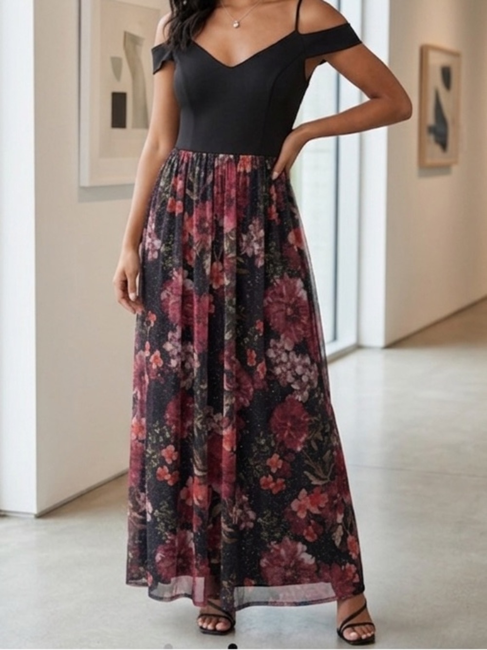 Lovely Grace Floral Cold-Shoulder Maxi Dress